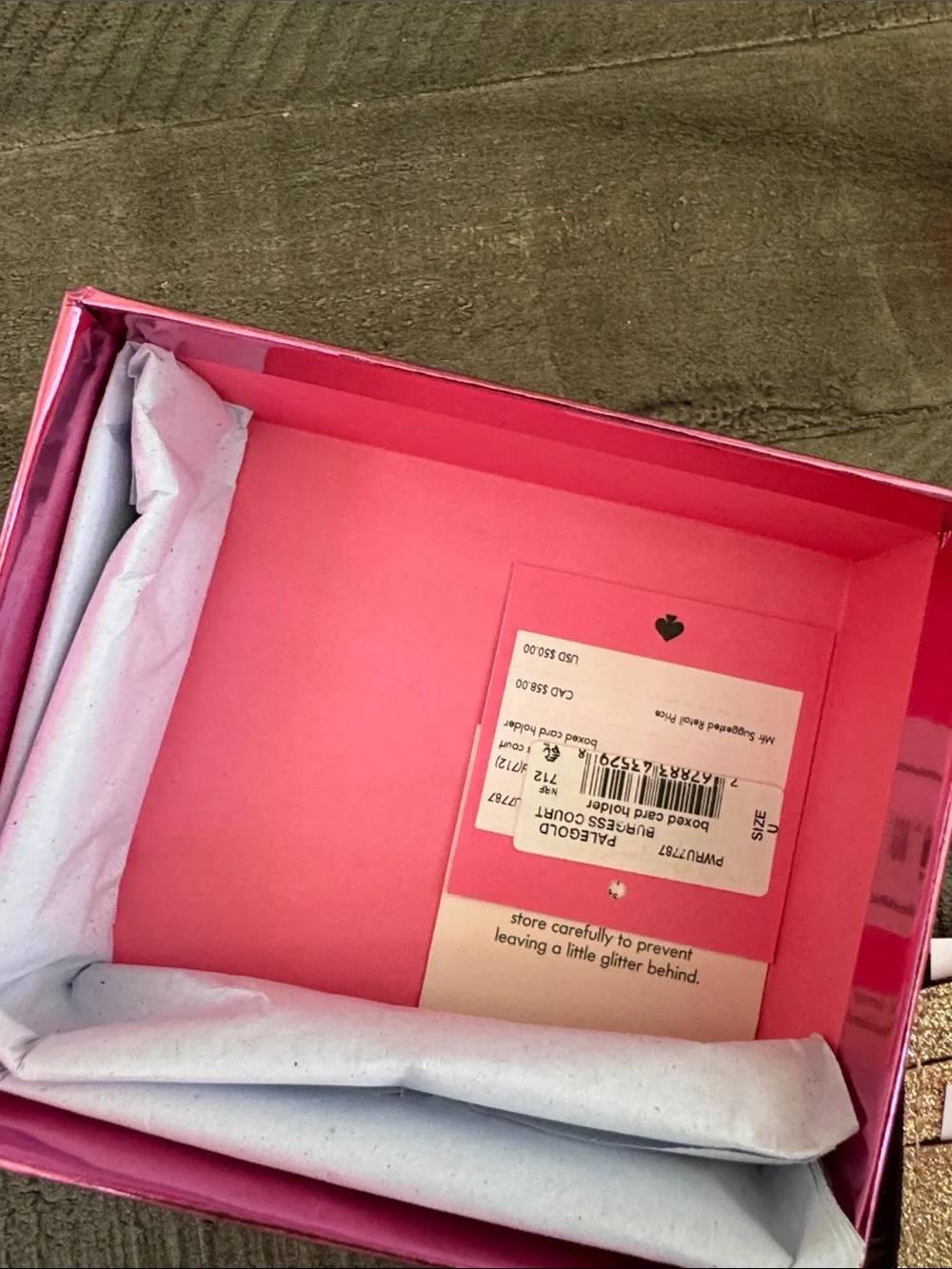 kate spade Gold Glitter Cardholder with Pink Box